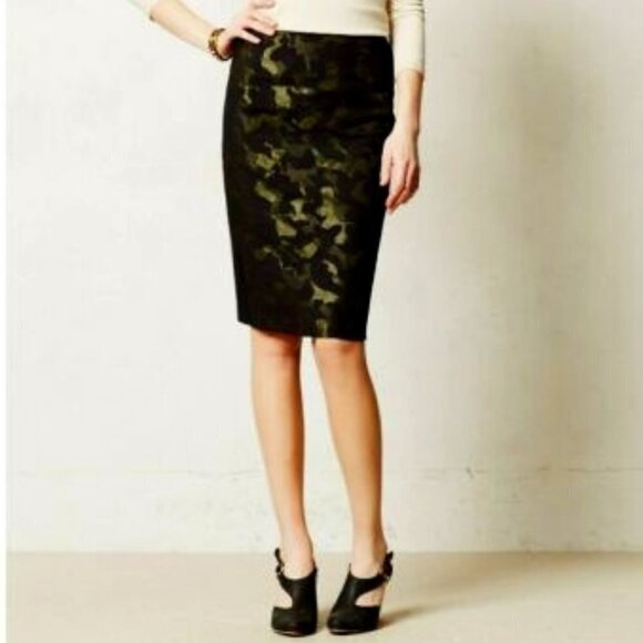 Anthropologie Maeve Jacquard Camo Khaki & Black Side Stripe Pencil Skirt 4 - Picture 13 of 16